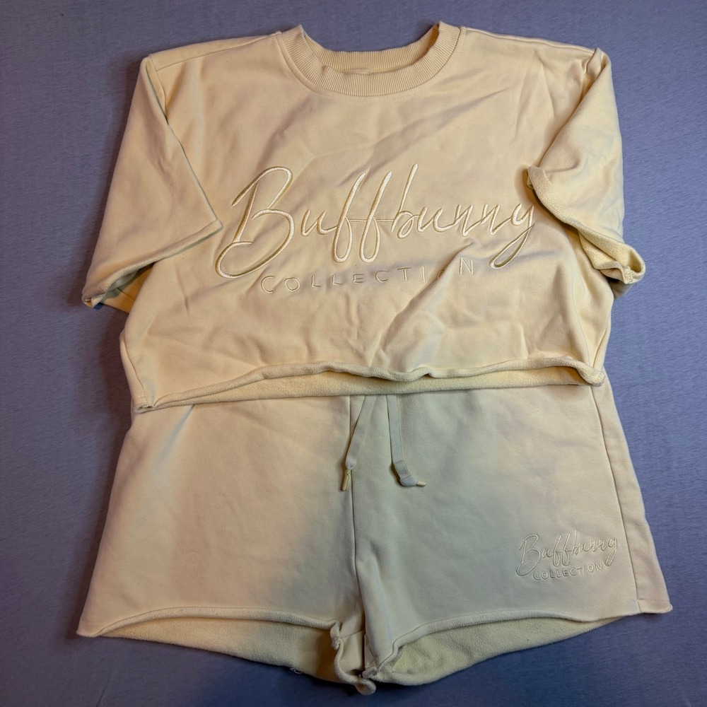 Buffbunny Collection Yellow Crop Sweatshirt and Shorts Set Women Large Lounge